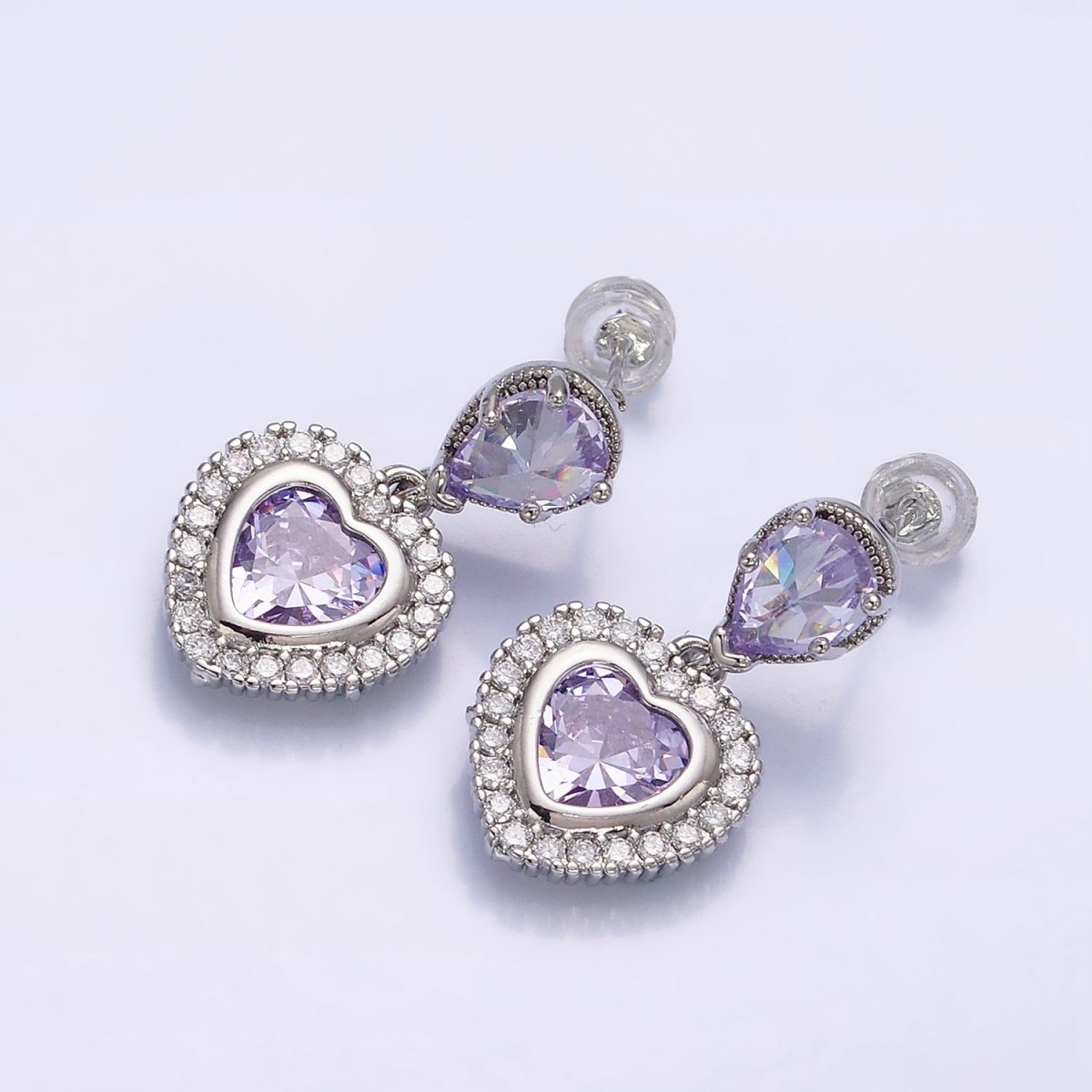 14K Gold Filled Purple Heart Micro Paved CZ Drop Stud Earrings in Gold & Silver | AD1010 AD1011
