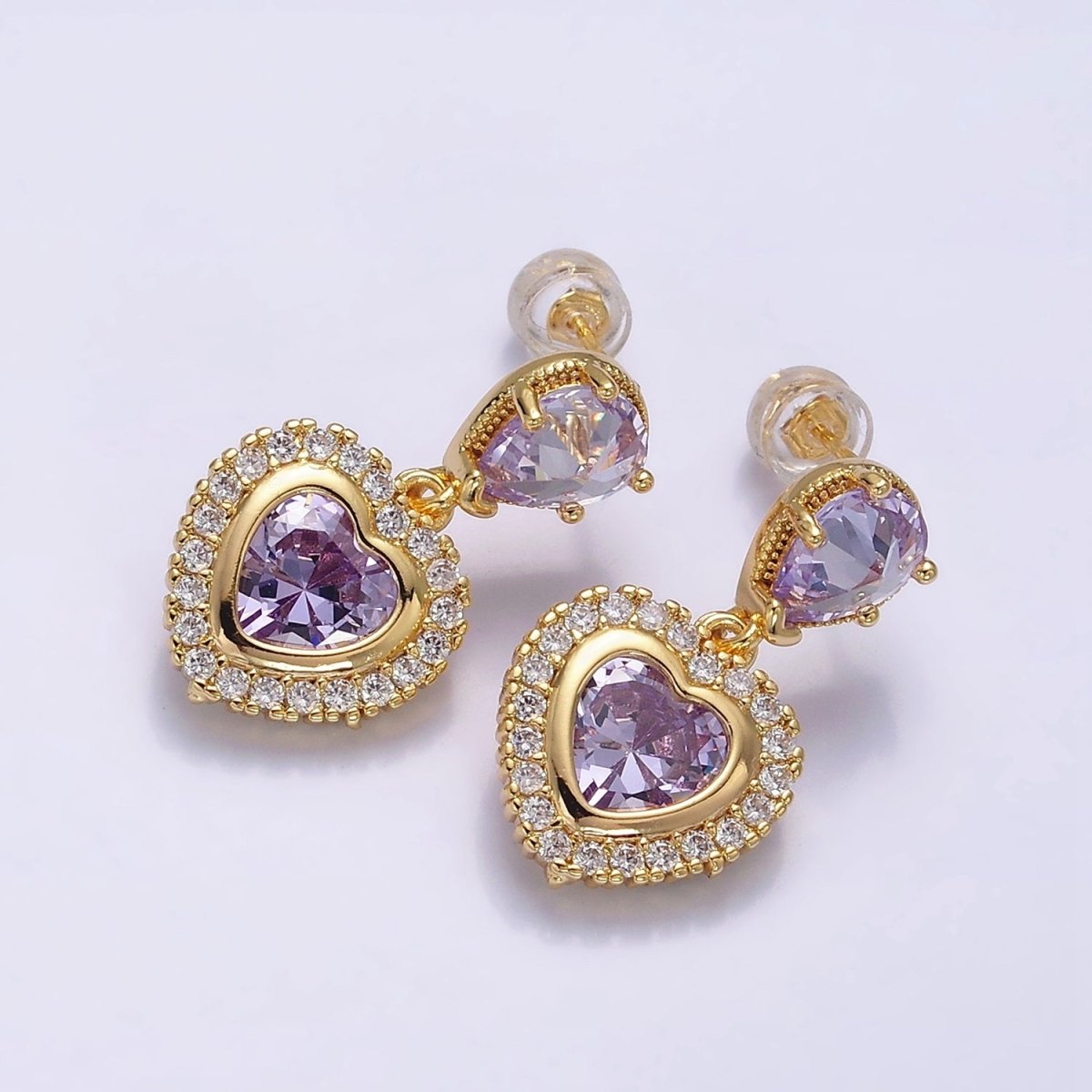 14K Gold Filled Purple Heart Micro Paved CZ Drop Stud Earrings in Gold & Silver | AD1010 AD1011