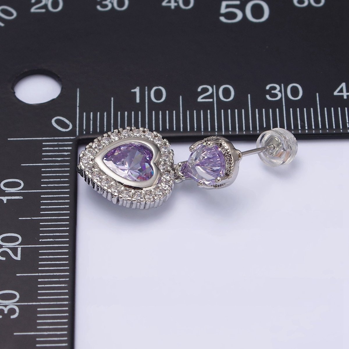 14K Gold Filled Purple Heart Micro Paved CZ Drop Stud Earrings in Gold & Silver | AD1010 AD1011