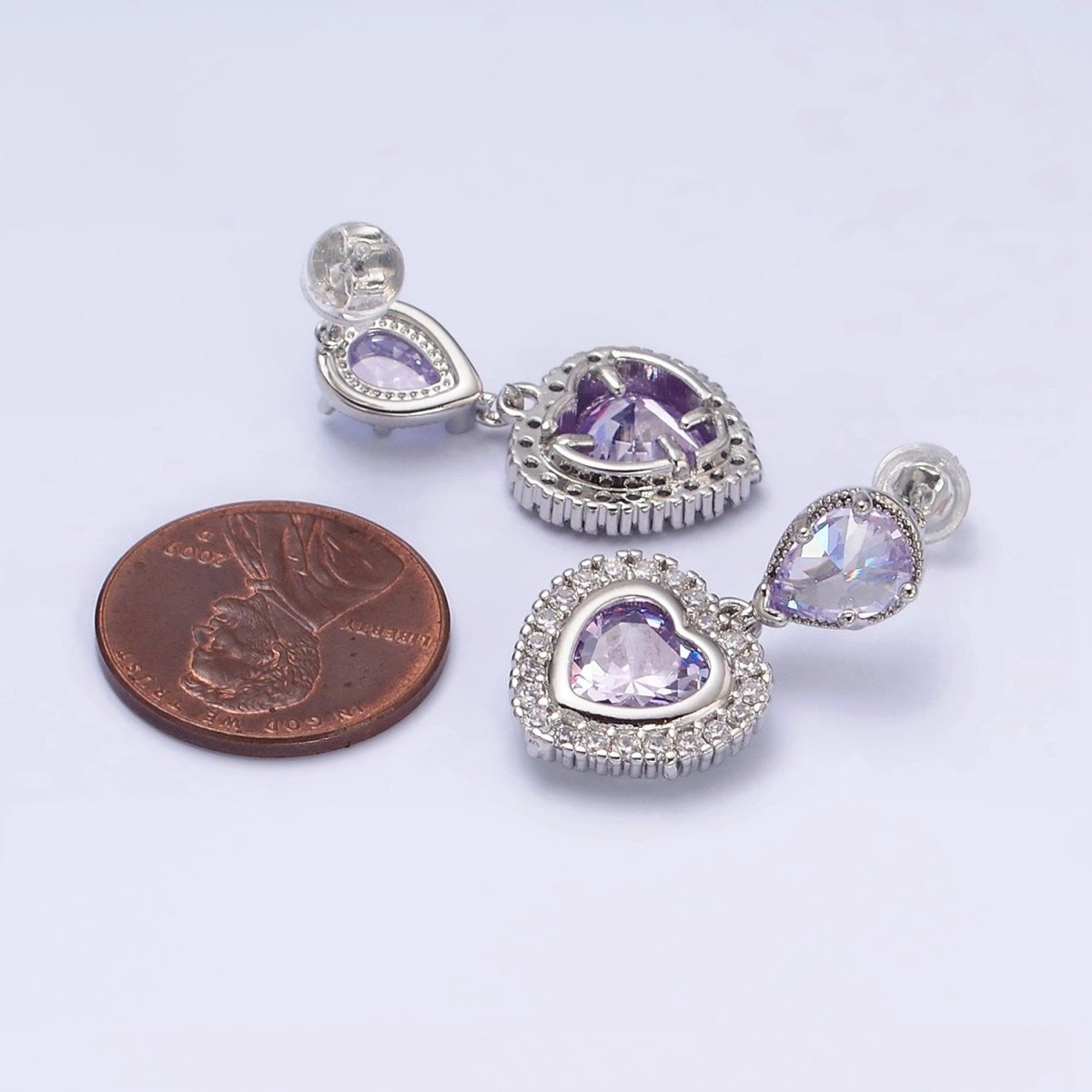 14K Gold Filled Purple Heart Micro Paved CZ Drop Stud Earrings in Gold & Silver | AD1010 AD1011