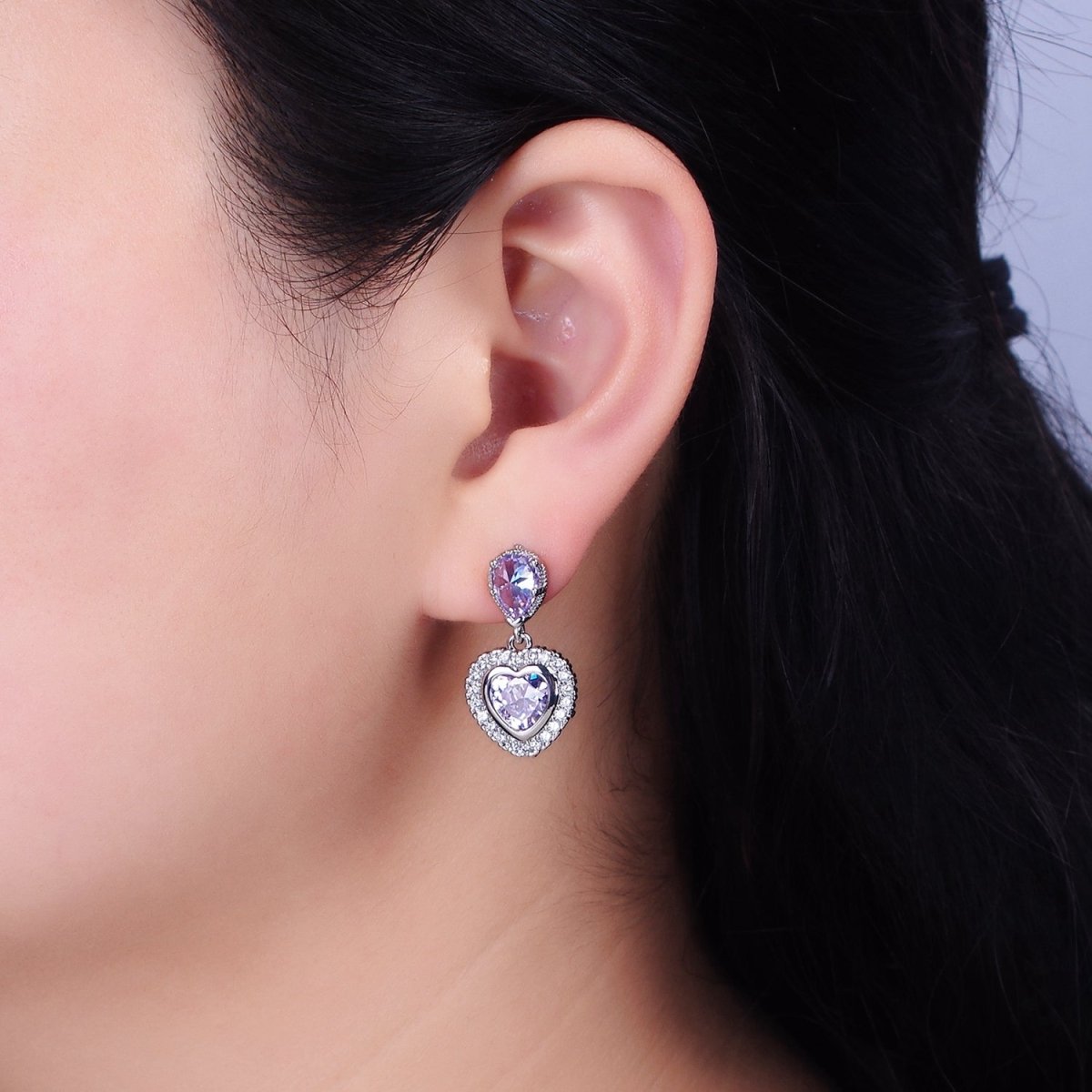 14K Gold Filled Purple Heart Micro Paved CZ Drop Stud Earrings in Gold & Silver | AD1010 AD1011