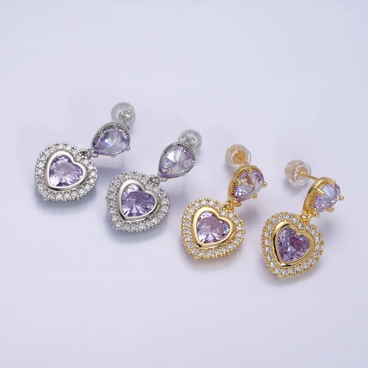 14K Gold Filled Purple Heart Micro Paved CZ Drop Stud Earrings in Gold & Silver | AD1010 AD1011