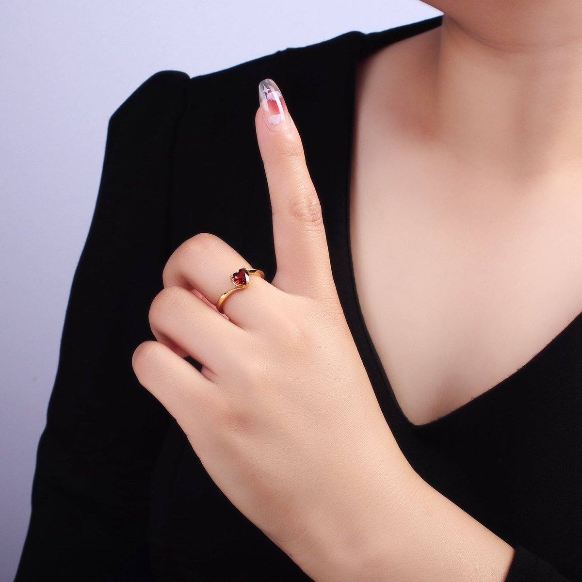 24K Gold Filled Red Garnet Heart Solitaire Ring | O1389