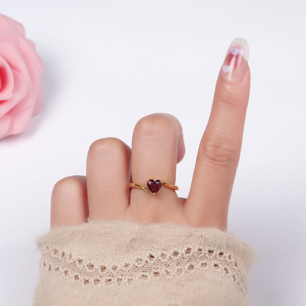 24K Gold Filled Red Garnet Heart Solitaire Ring | O1389