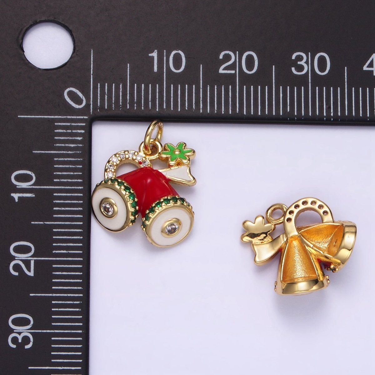14K Gold Filled Red Micro Paved Christmas Jingle Bells Mini Enamel Charm | D526