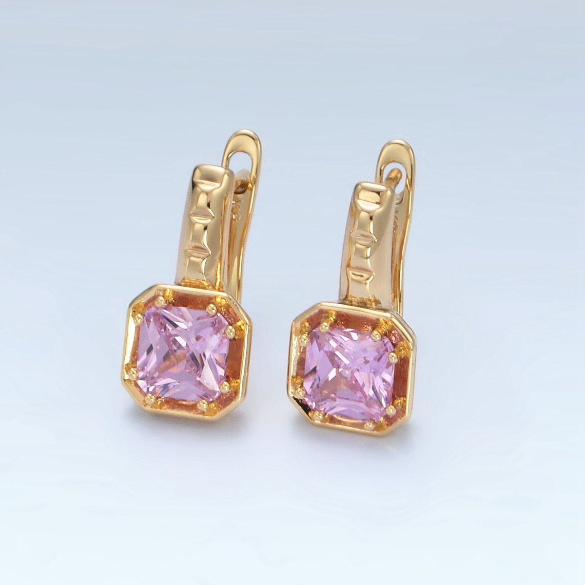 14K Gold Filled Red, Pink, Blue, Purple CZ Square Edged English Lock Earrings | AD662 - AD665