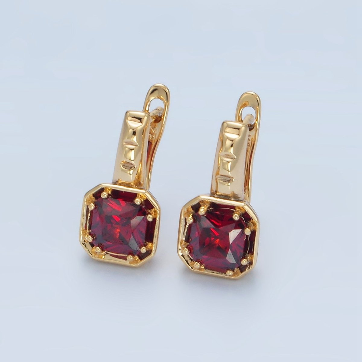 14K Gold Filled Red, Pink, Blue, Purple CZ Square Edged English Lock Earrings | AD662 - AD665