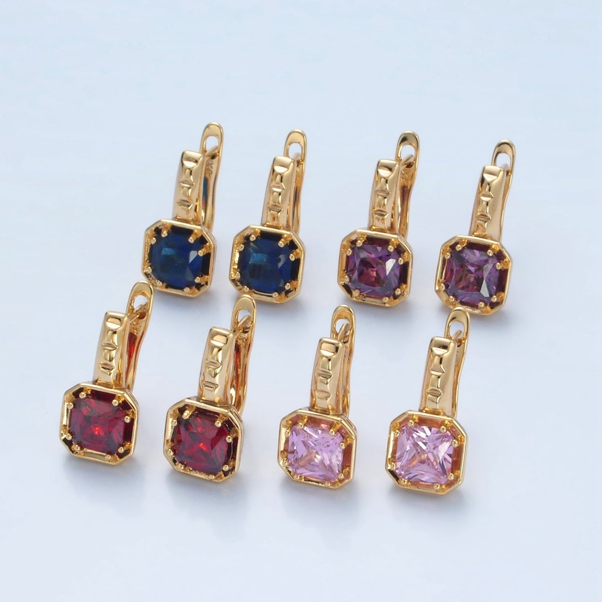 14K Gold Filled Red, Pink, Blue, Purple CZ Square Edged English Lock Earrings | AD662 - AD665