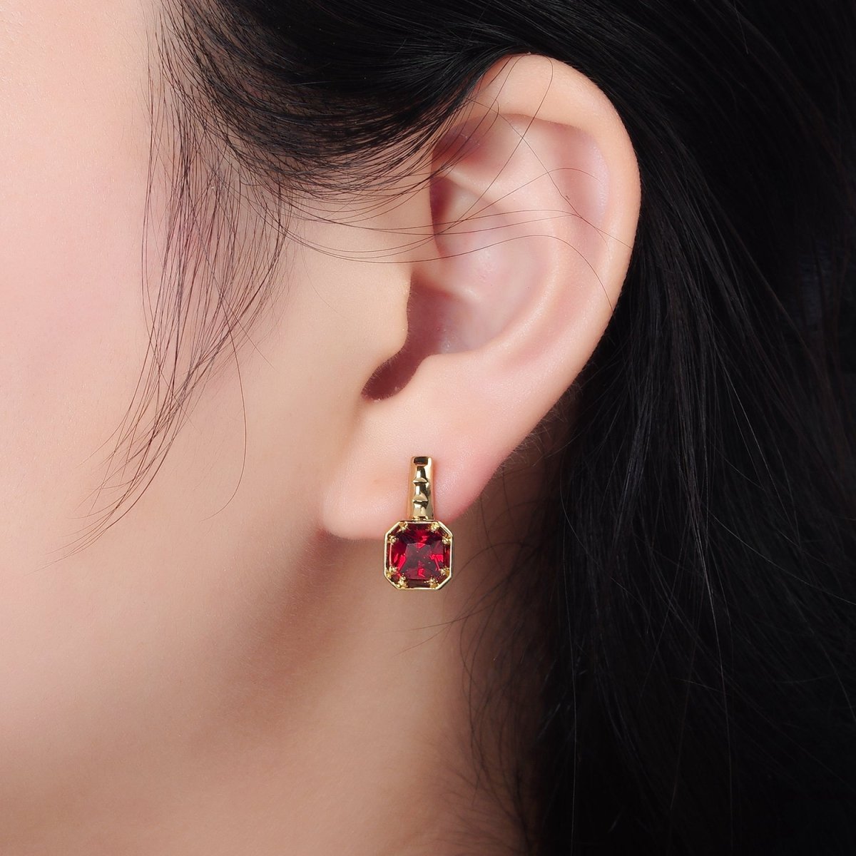14K Gold Filled Red, Pink, Blue, Purple CZ Square Edged English Lock Earrings | AD662 - AD665