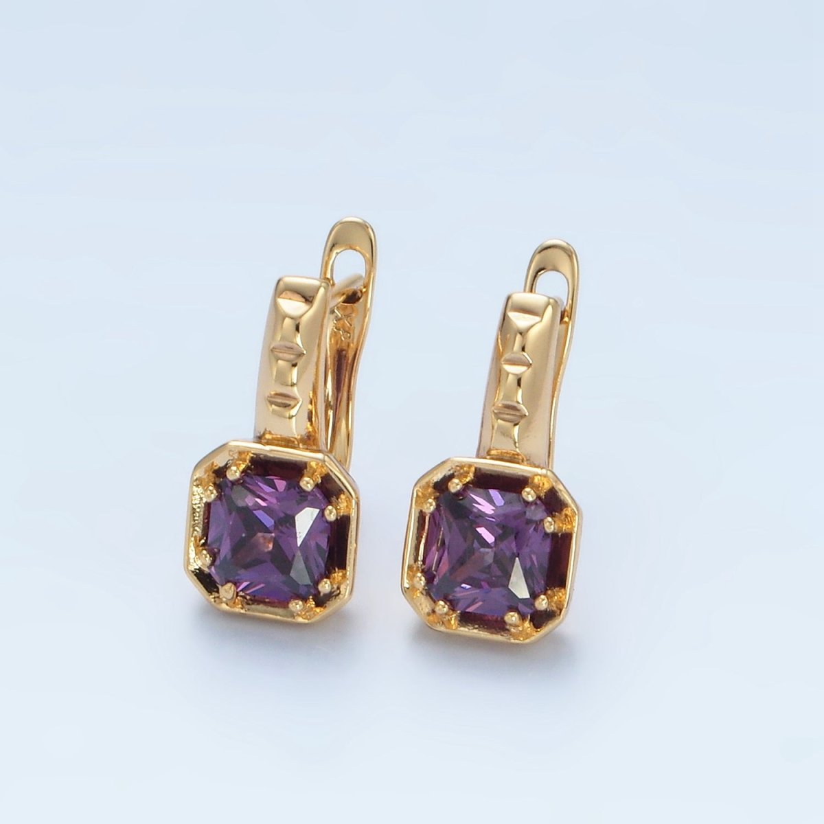 14K Gold Filled Red, Pink, Blue, Purple CZ Square Edged English Lock Earrings | AD662 - AD665