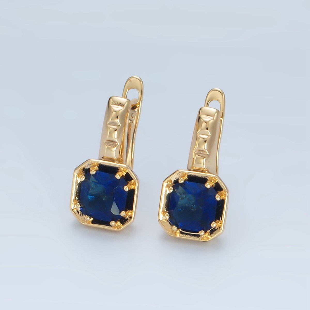 14K Gold Filled Red, Pink, Blue, Purple CZ Square Edged English Lock Earrings | AD662 - AD665