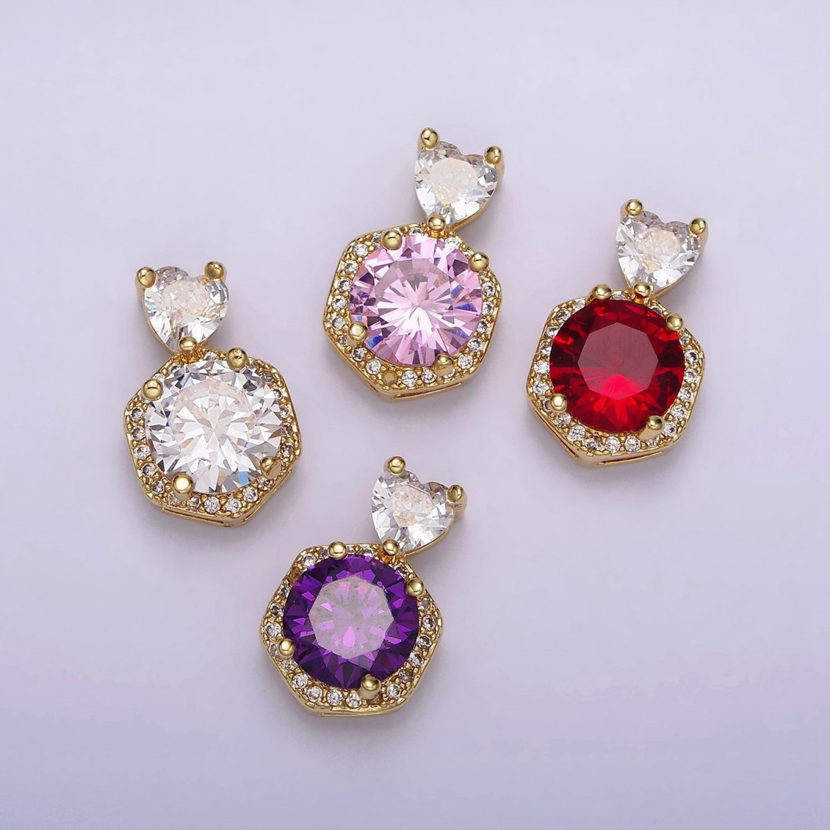 14K Gold Filled Red, Purple, Pink Round CZ Micro Paved Hexagonal Heart Bail Pendant | N1472 - N1474