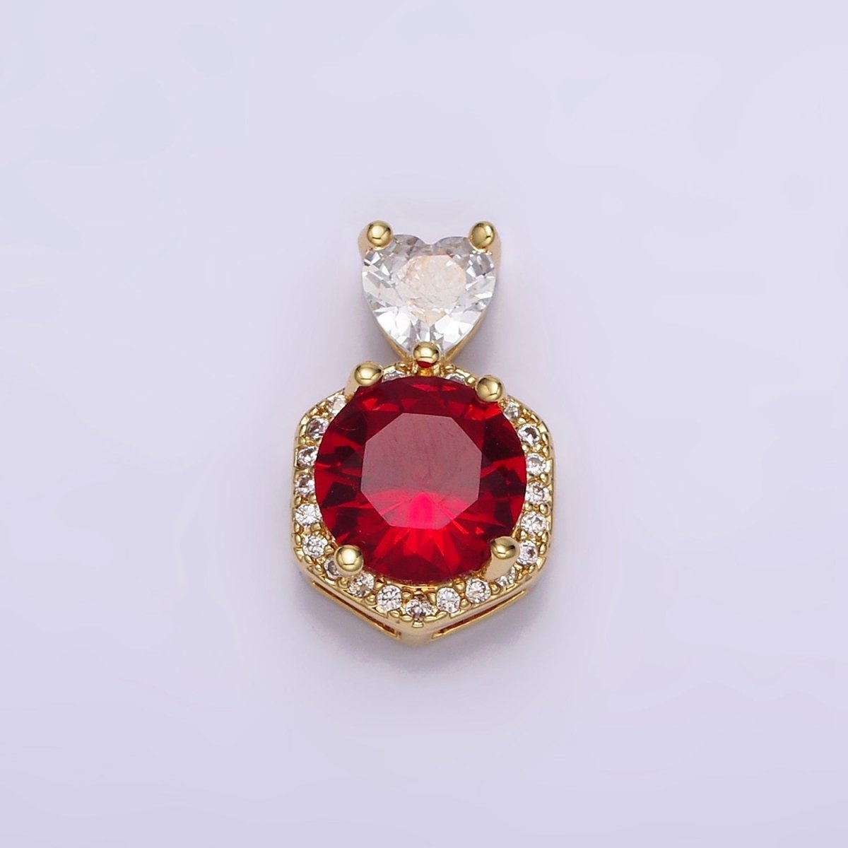 14K Gold Filled Red, Purple, Pink Round CZ Micro Paved Hexagonal Heart Bail Pendant | N1472 - N1474