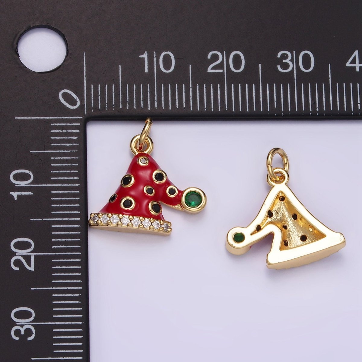 14K Gold Filled Santa's Hat Dotted CZ Micro Paved Enamel Christmas Mini Charm | D541