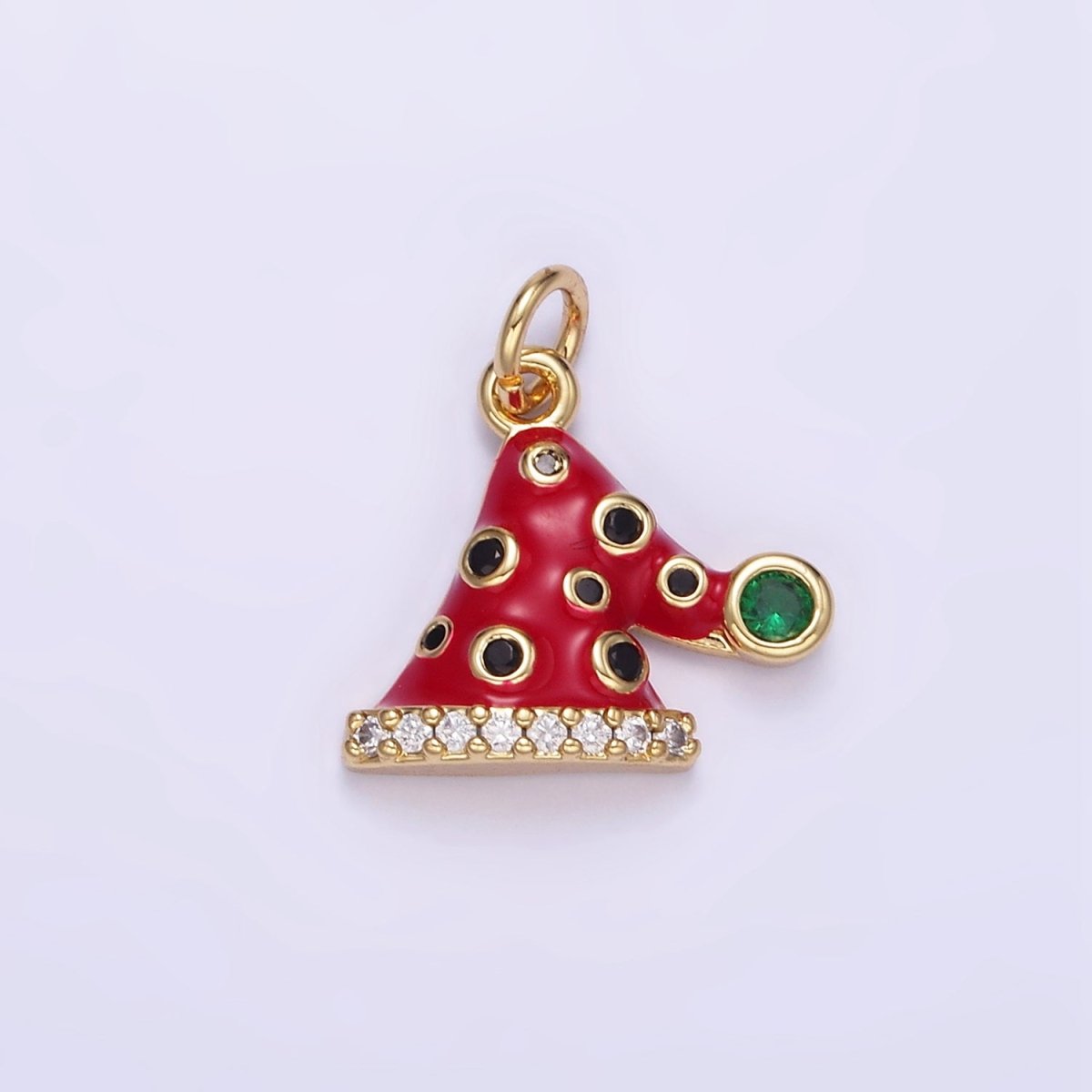 14K Gold Filled Santa's Hat Dotted CZ Micro Paved Enamel Christmas Mini Charm | D541