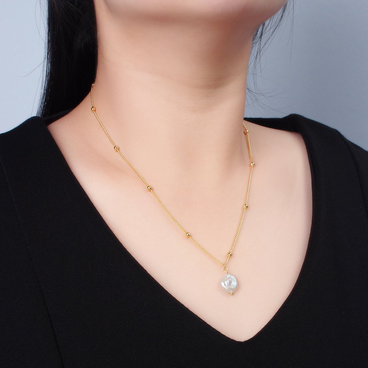 14K Gold Filled Satellite Bead Curb Chain Necklace with Mother of Pearl Charm 17.12 Inch with Extender | WA2576