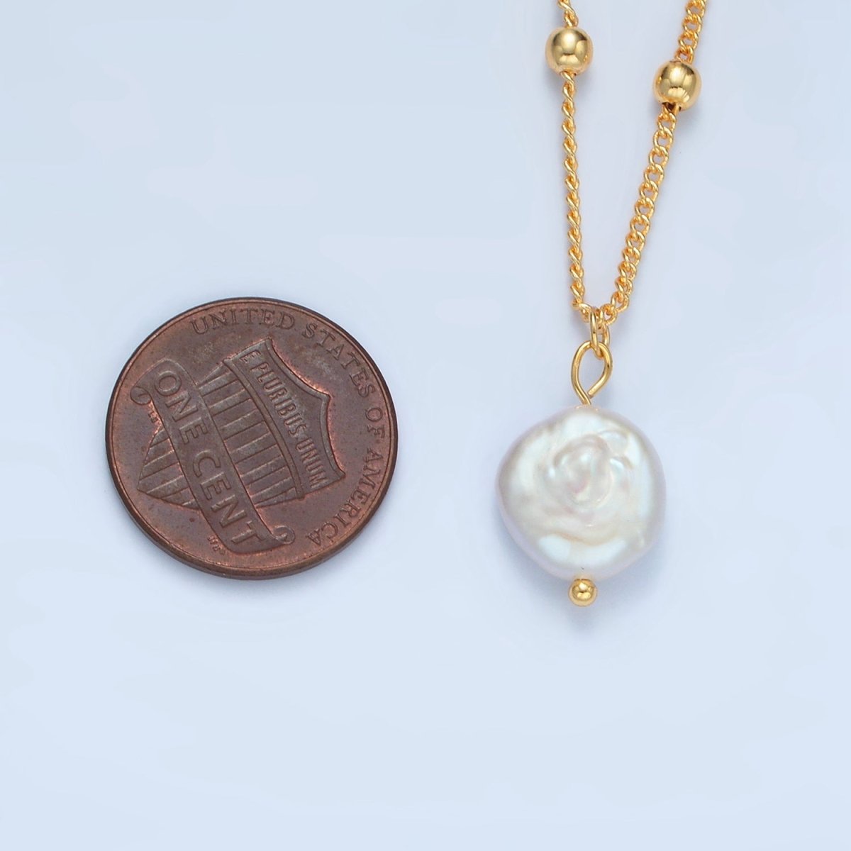 14K Gold Filled Satellite Bead Curb Chain Necklace with Mother of Pearl Charm 17.12 Inch with Extender | WA2576