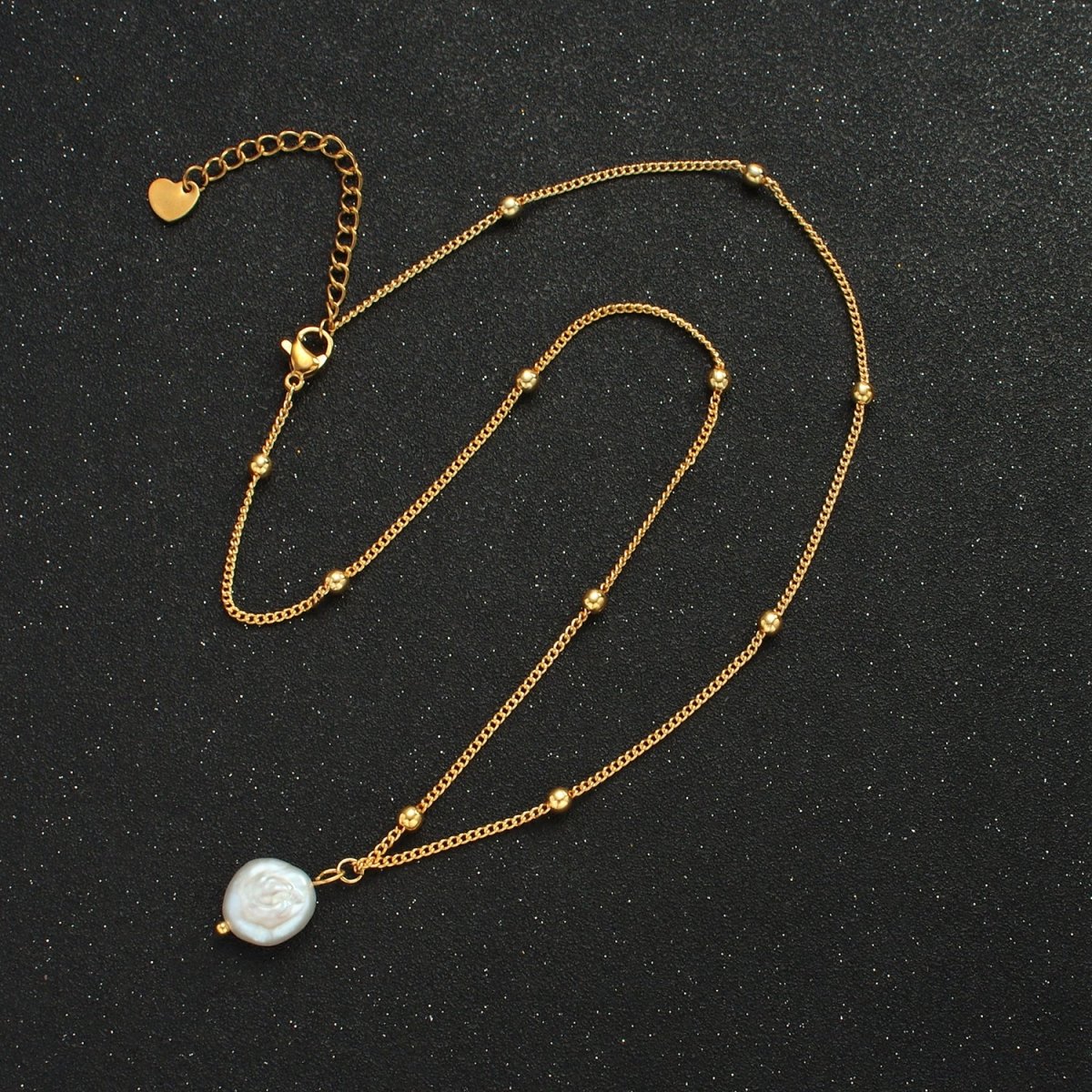 14K Gold Filled Satellite Bead Curb Chain Necklace with Mother of Pearl Charm 17.12 Inch with Extender | WA2576