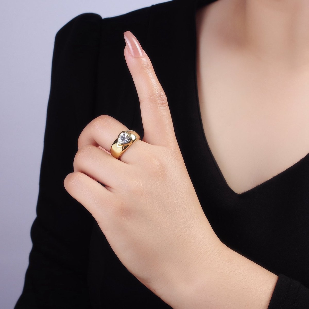 14K Gold Filled Sideway Heart CZ Solitaire Band Ring | O349