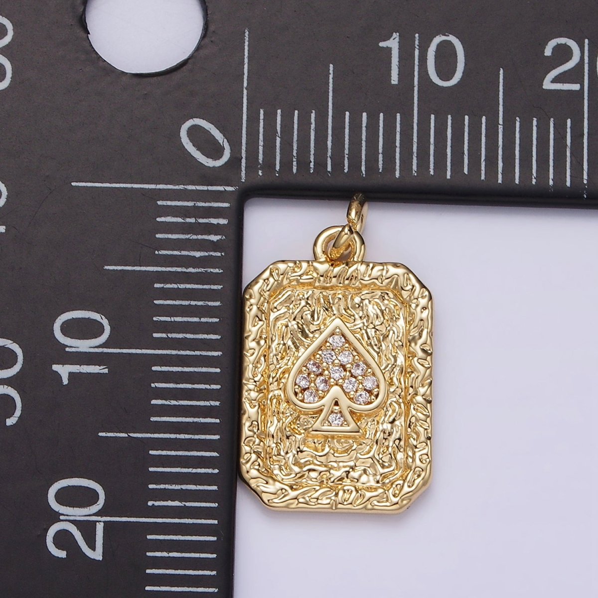 14K Gold Filled Spades Card Micro Paved CZ Hammered Rectangular Tag Charm | AG267