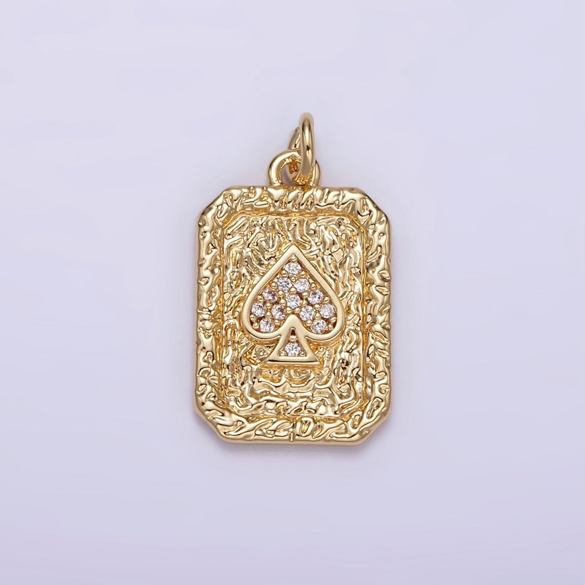 14K Gold Filled Spades Card Micro Paved CZ Hammered Rectangular Tag Charm | AG267