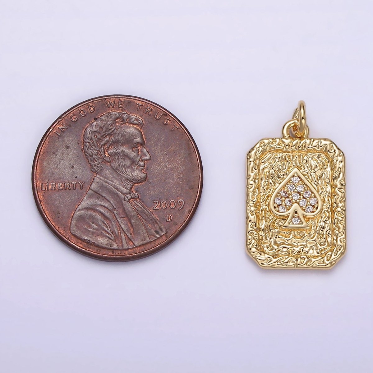 14K Gold Filled Spades Card Micro Paved CZ Hammered Rectangular Tag Charm | AG267