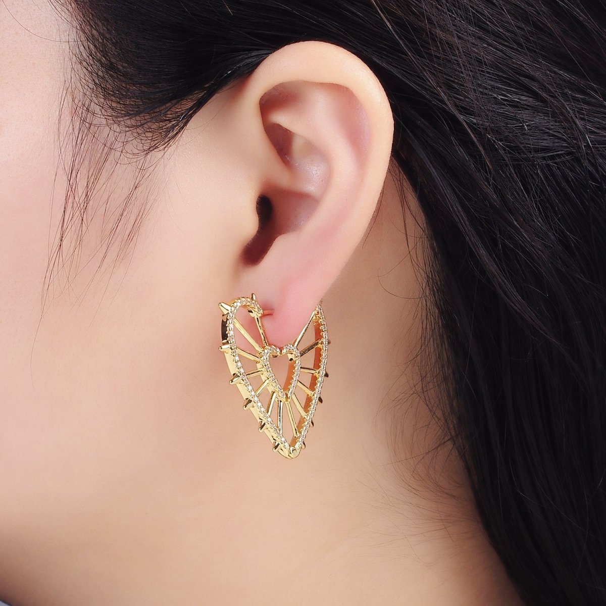 14K Gold Filled Spiked Heart Micro Paved CZ Hoops Earrings | Q066