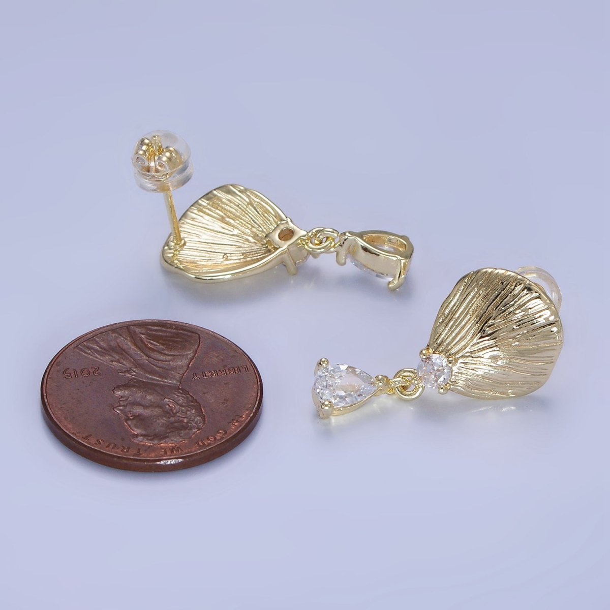 14K Gold Filled Teardrop CZ Clam Shell Drop Stud Earrings | P483