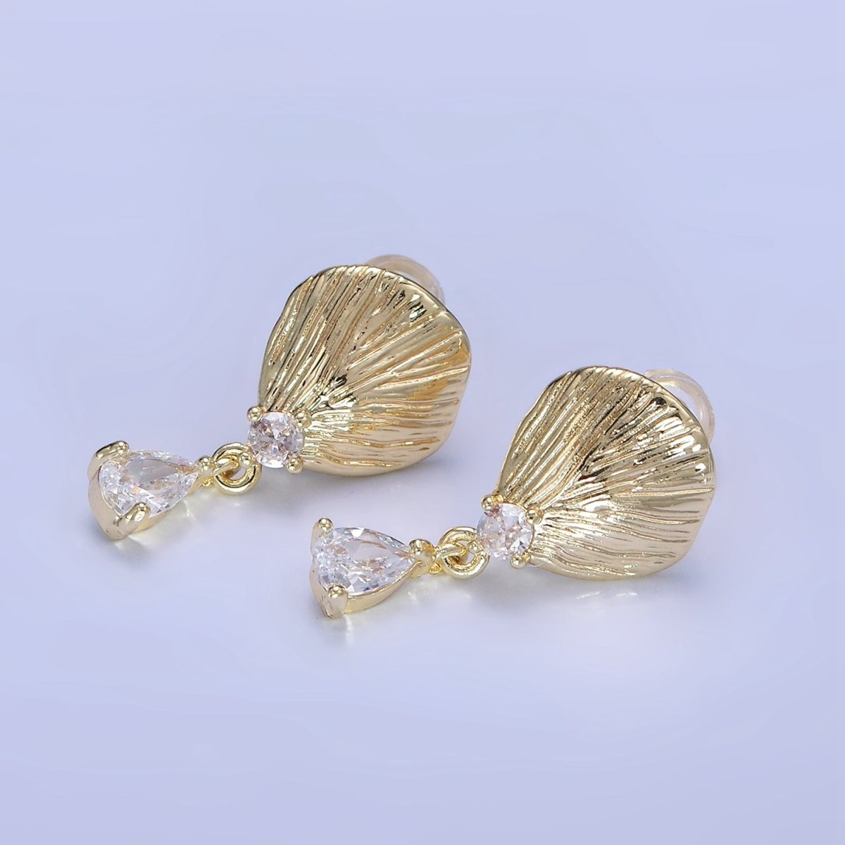 14K Gold Filled Teardrop CZ Clam Shell Drop Stud Earrings | P483