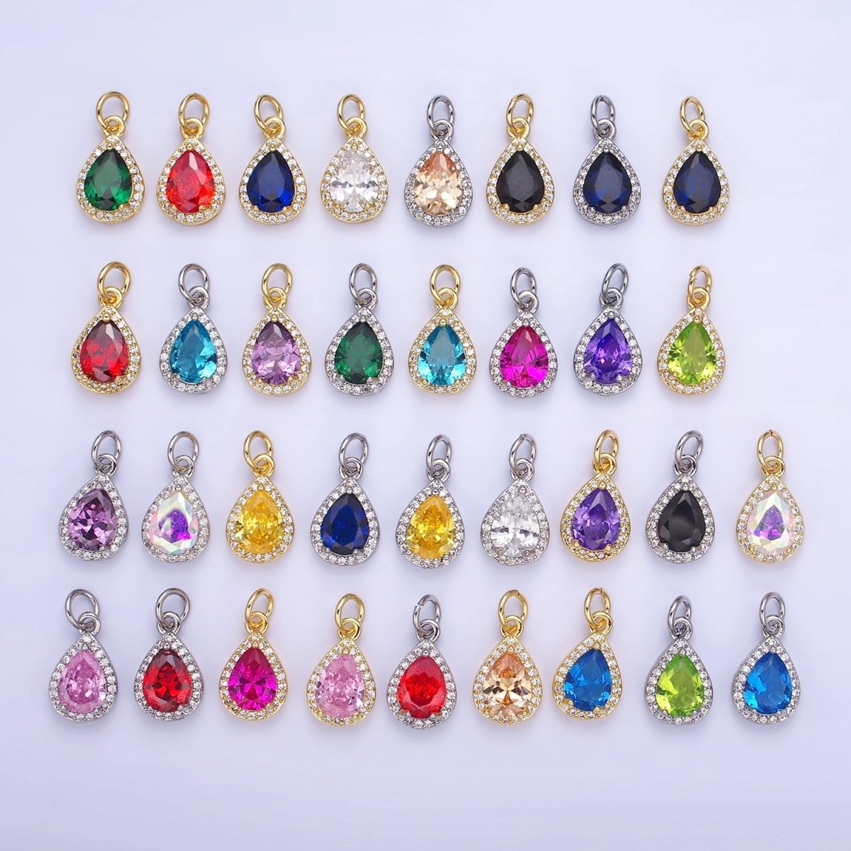 14K Gold Filled Teardrop CZ Micro Paved Birthstone Charm in Gold & Silver | W704 - W720