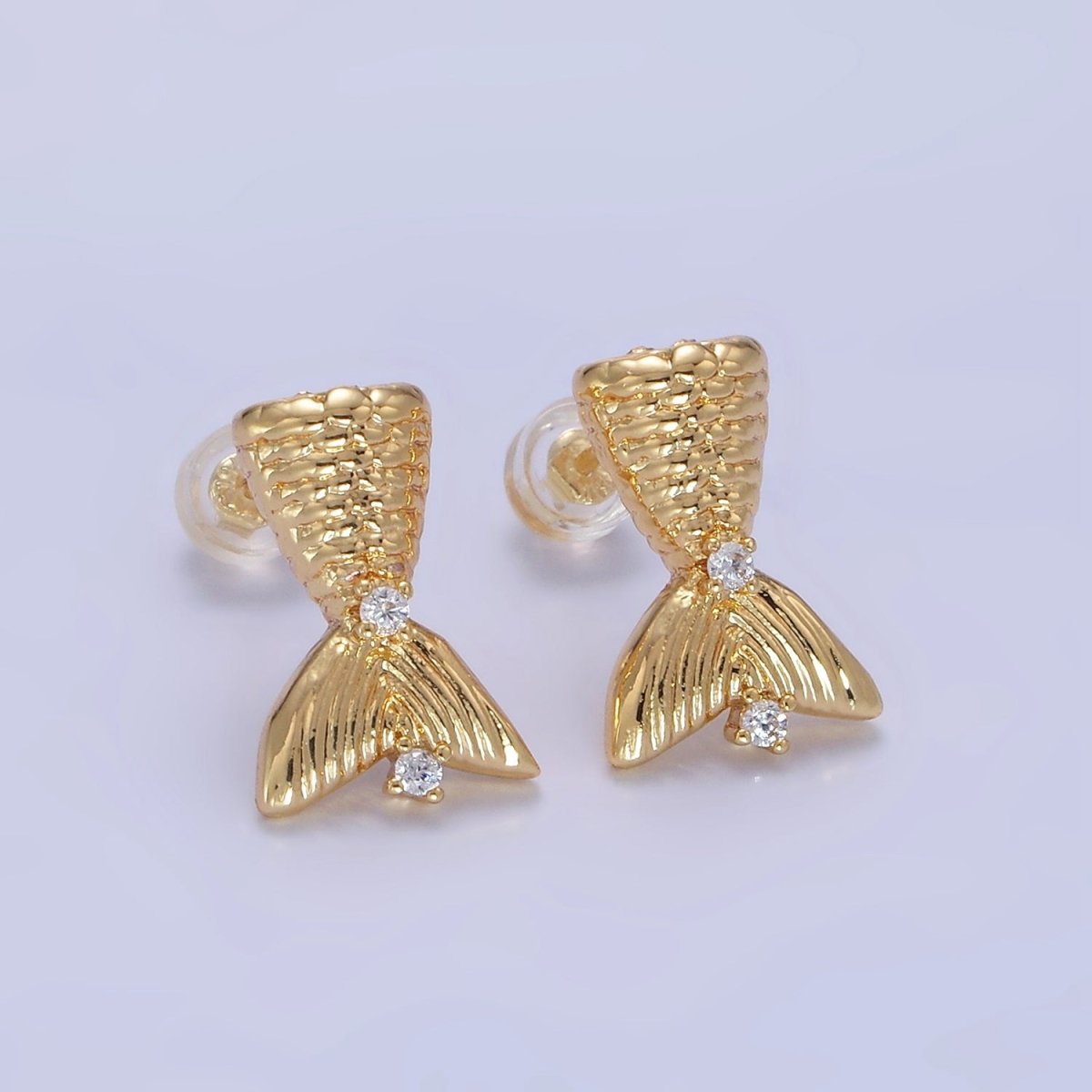 14K Gold Filled Textured Mermaid Fish Tail CZ Stud Earrings | Q231