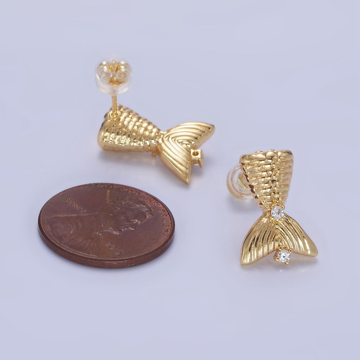 14K Gold Filled Textured Mermaid Fish Tail CZ Stud Earrings | Q231