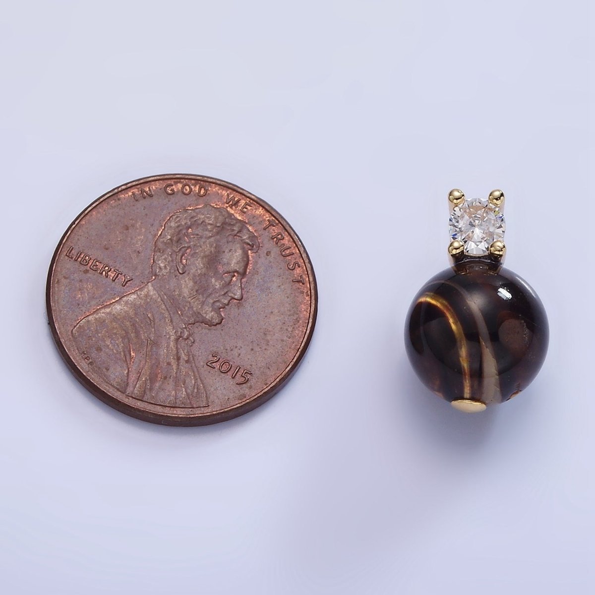 14K Gold Filled Tiger Eye Gemstone Round CZ Drop Pendant | P1791