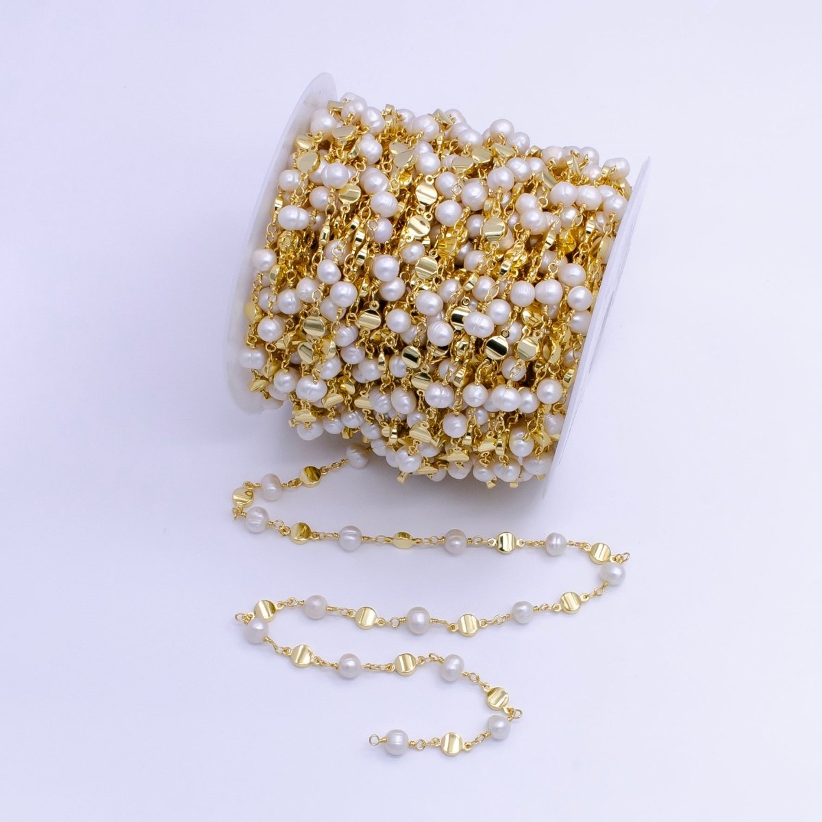 14K Gold Filled Triple Round Disc White Freshwater Pearl Designed Unfinished Chain For Jewelry Making | ROLL-1411 Clearance Pricing