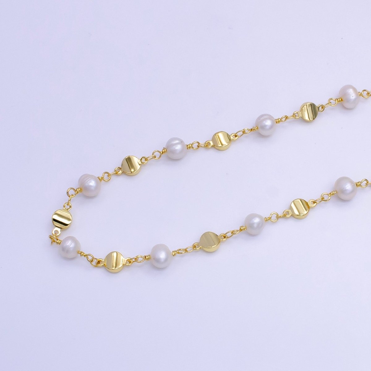 14K Gold Filled Triple Round Disc White Freshwater Pearl Designed Unfinished Chain For Jewelry Making | ROLL-1411 Clearance Pricing