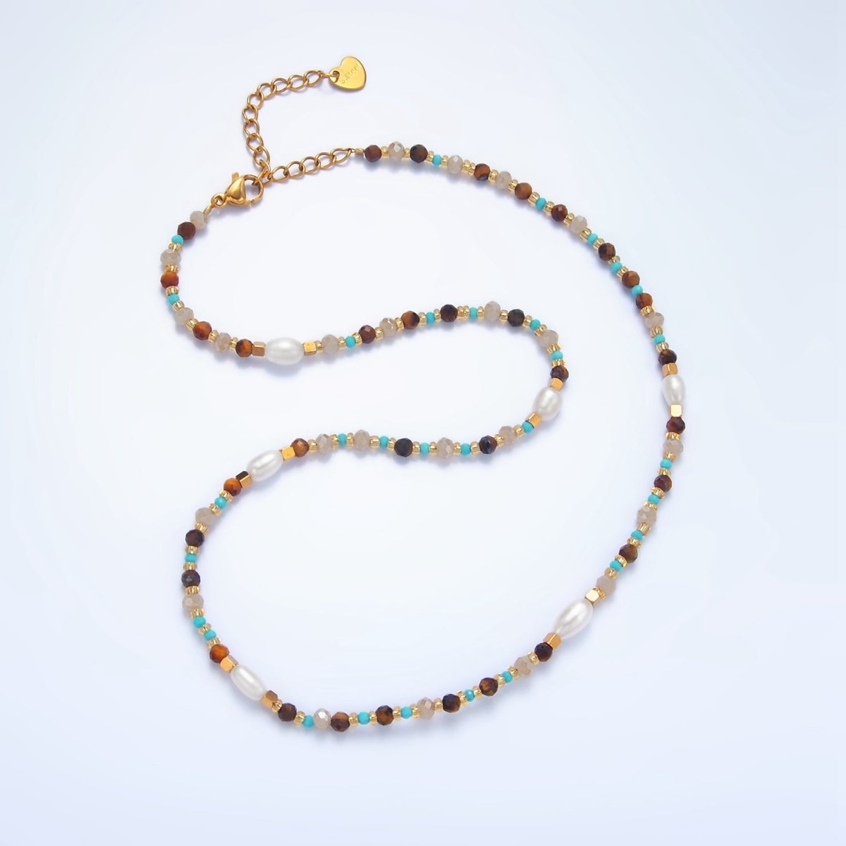 14K Gold Filled Turquoise Tiger Eye Pearl Irregular Bead 16 Inch Necklace | WA-2646
