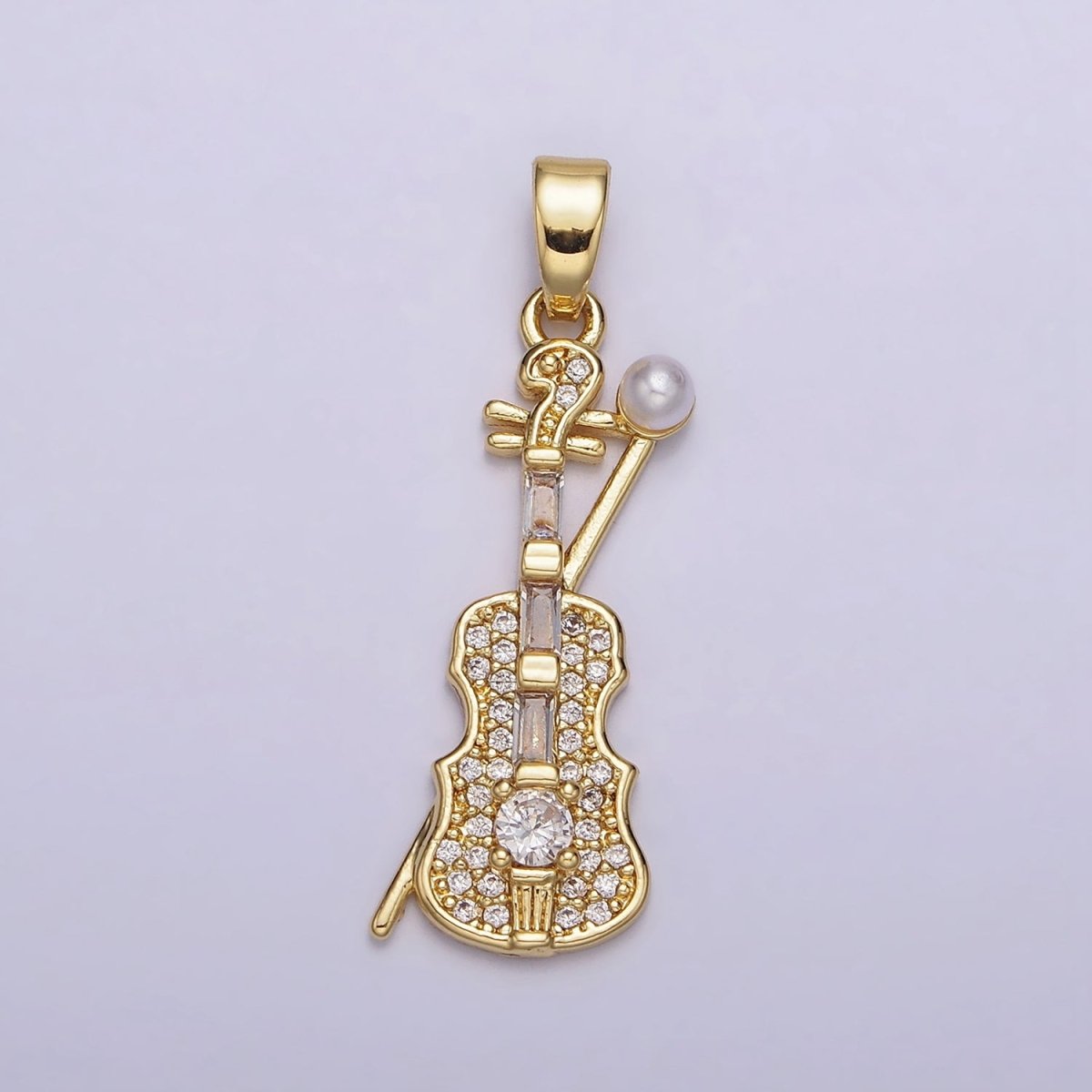 14K Gold Filled Violin Instrument Pearl Micro Paved CZ Pendant in Gold & Silver | AA715