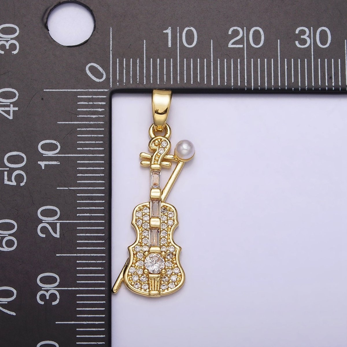14K Gold Filled Violin Instrument Pearl Micro Paved CZ Pendant in Gold & Silver | AA715