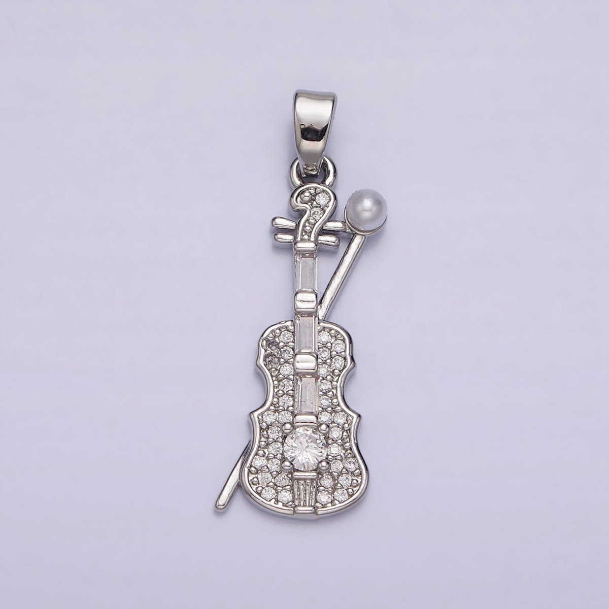 14K Gold Filled Violin Instrument Pearl Micro Paved CZ Pendant in Gold & Silver | AA715