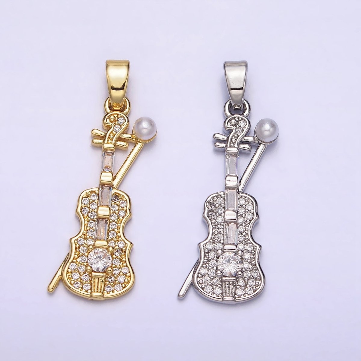 14K Gold Filled Violin Instrument Pearl Micro Paved CZ Pendant in Gold & Silver | AA715