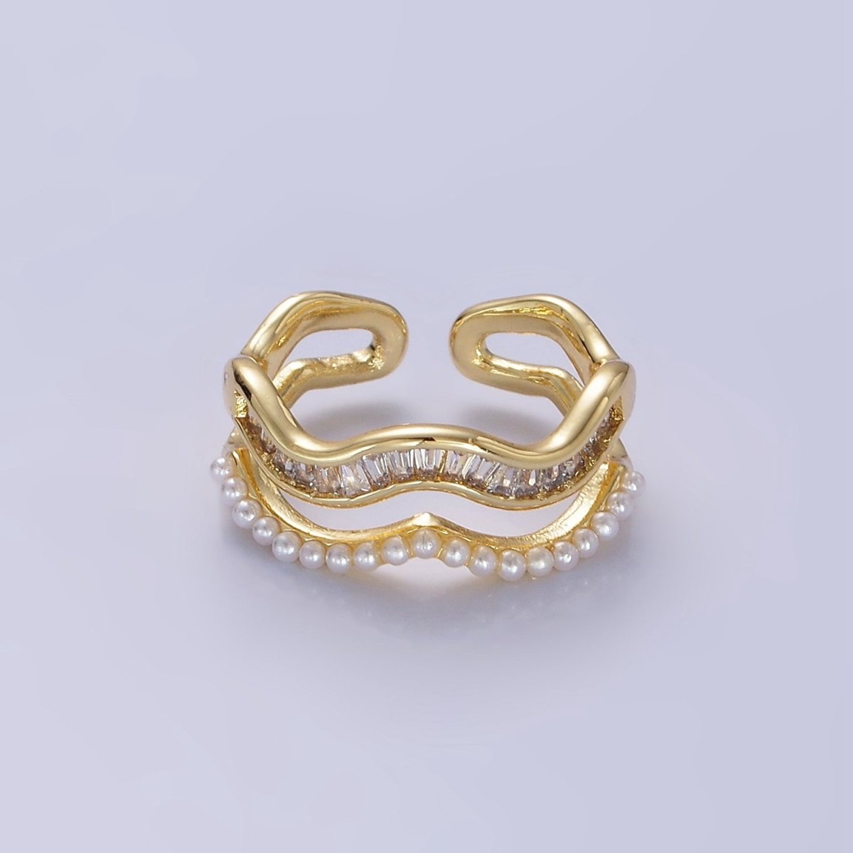 14K Gold Filled Wavy Baguette Pearl Double Band Ring | O094
