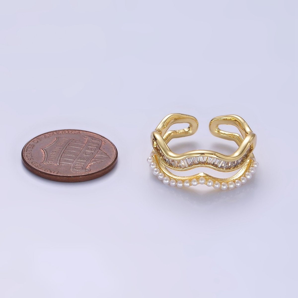 14K Gold Filled Wavy Baguette Pearl Double Band Ring | O094