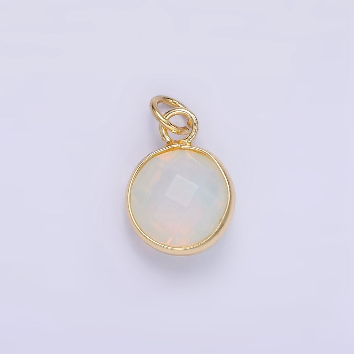 14K Gold Filled White Iridescent Opal Bezel Round Charm | D581