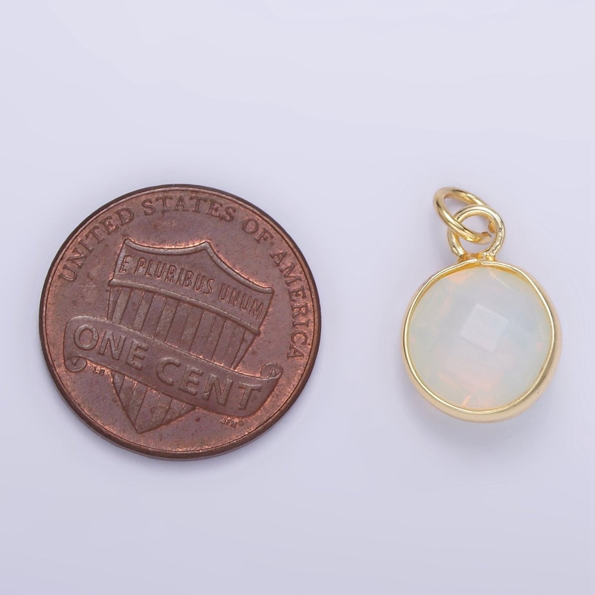 14K Gold Filled White Iridescent Opal Bezel Round Charm | D581