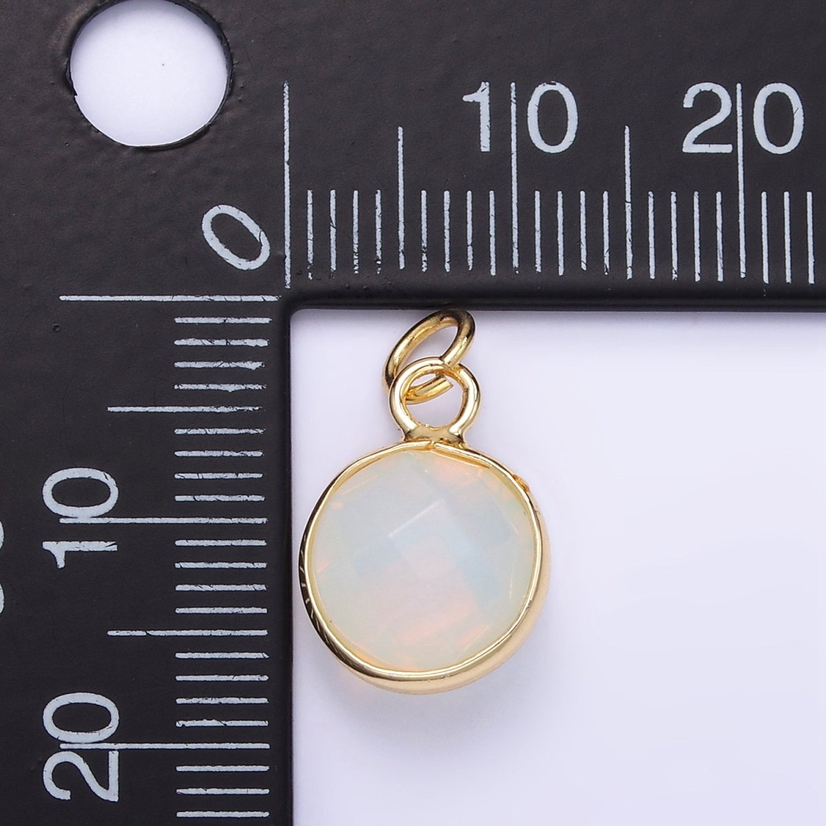 14K Gold Filled White Iridescent Opal Bezel Round Charm | D581