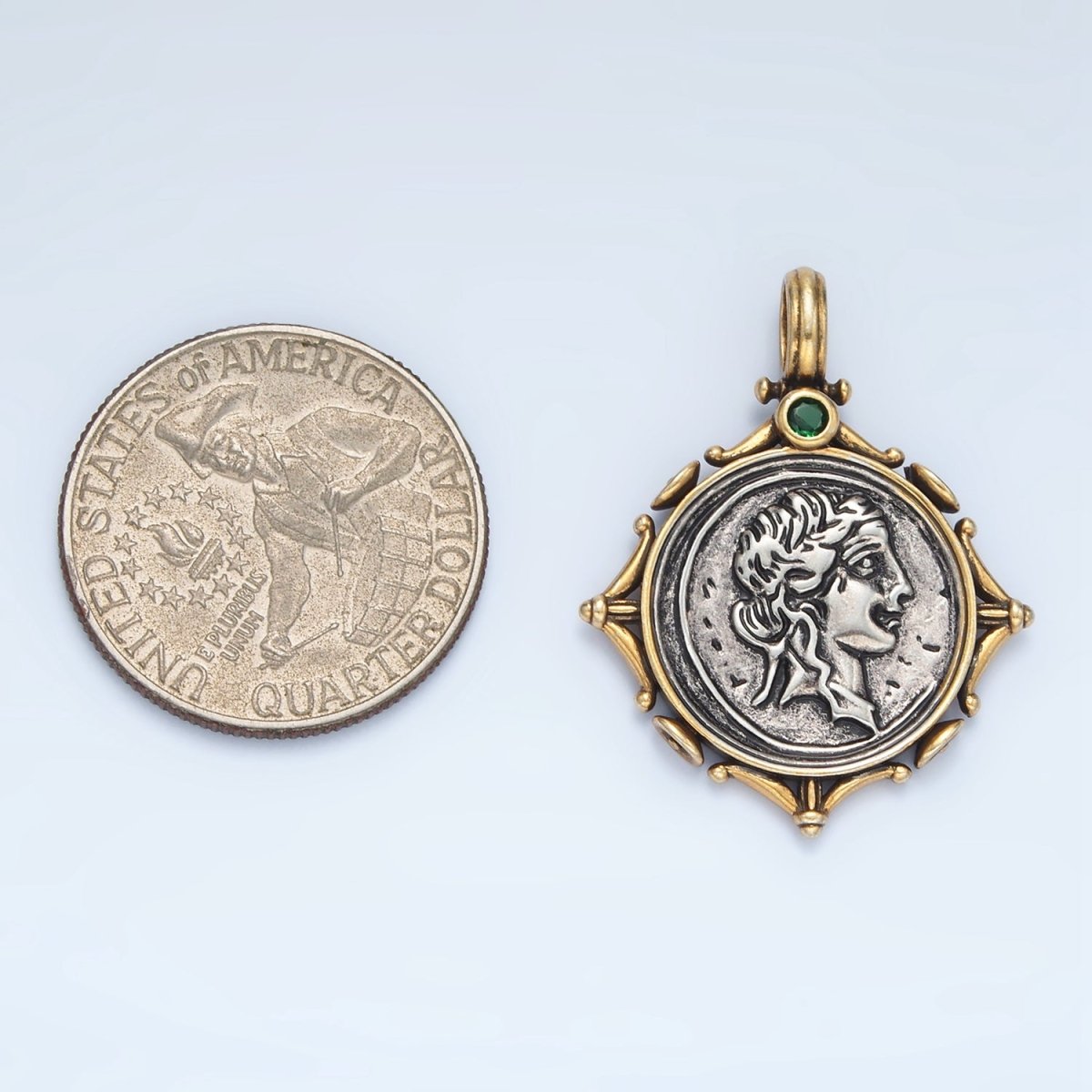 14K Gold Filled Women Portrait Coin Artisan Rhombus Edged Mixed Metal Pendant | I614