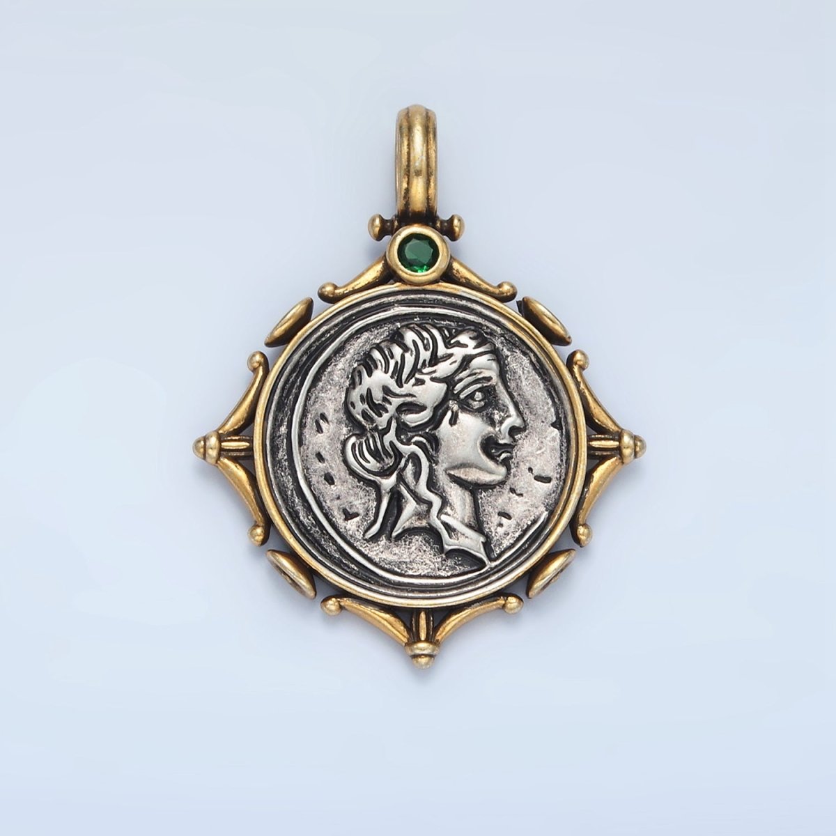 14K Gold Filled Women Portrait Coin Artisan Rhombus Edged Mixed Metal Pendant | I614