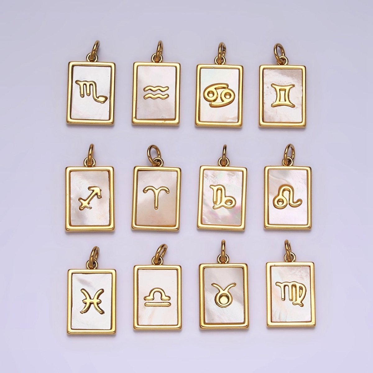 14K Gold Filled Zodiac Sign Shell Pearl Rectangular Tag Charm | A-A1247-A-A1258