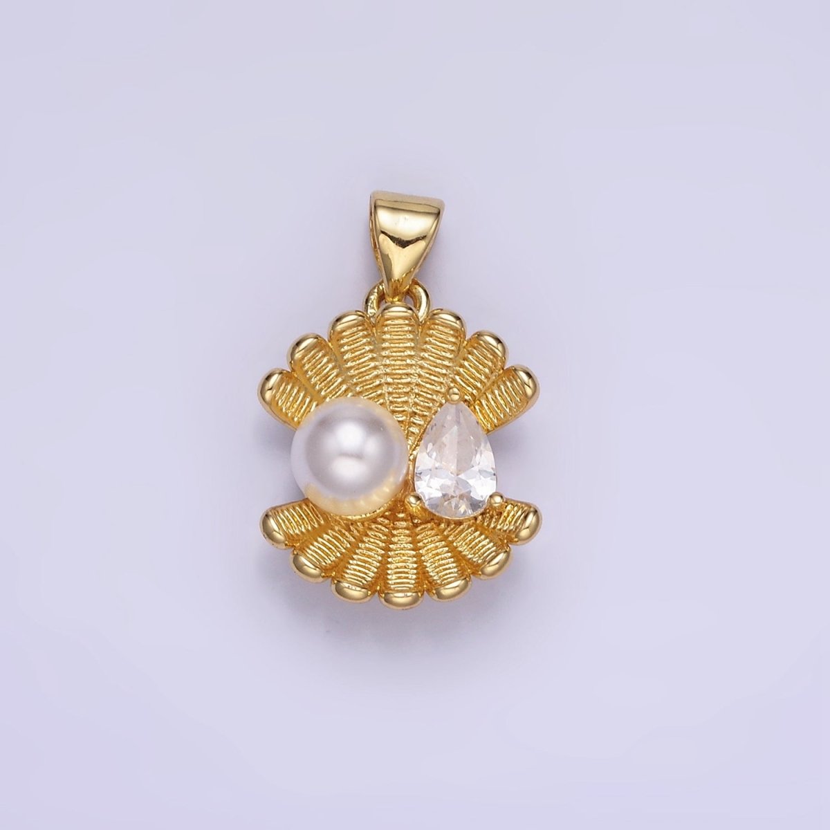 14K Gold Filled20mm Pearl Teardrop CZ Textured Clam Shell Pendant | AA1313
