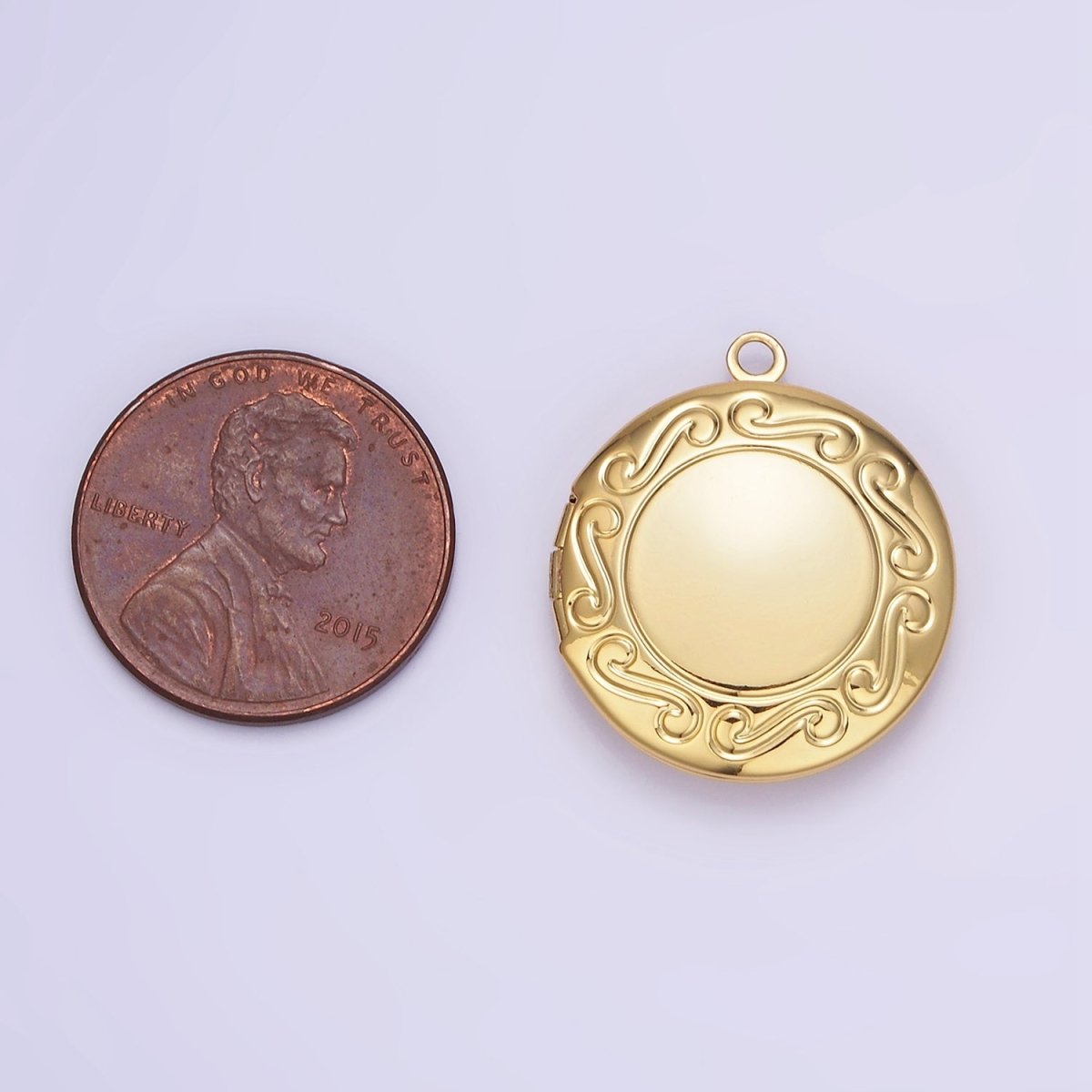 16K Gold Filled 23mm Curved Engraved Round Locket Charm | H269